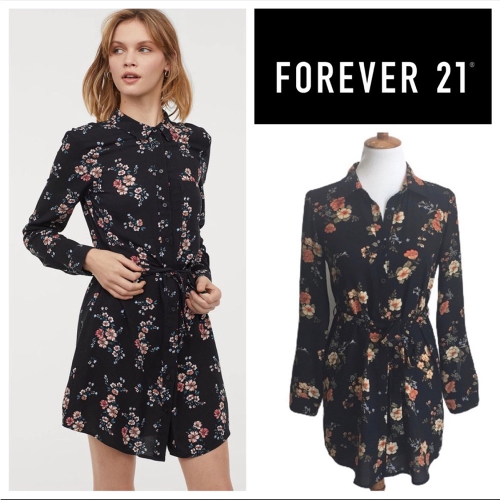 Black and floral shirt dress with tie belt